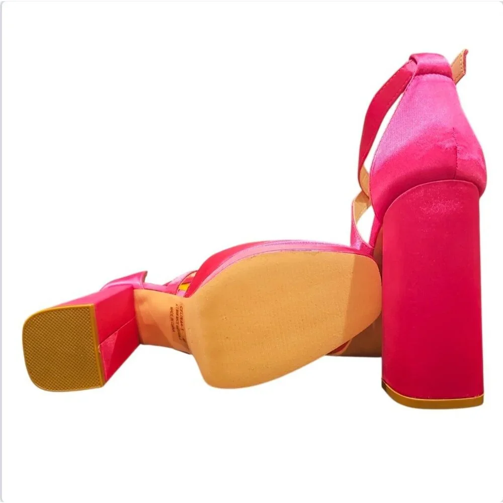 Bright Fuchsia Satin Platform High Heel Ankle Strap Pumps